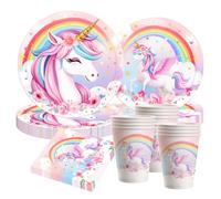 Juego de vajilla de fiesta de unicornio 3D, juego de 50 piezas con platos de papel, tazas y servilletas para cumpleaños infantiles mágicos, unicornios, decoración de fiesta