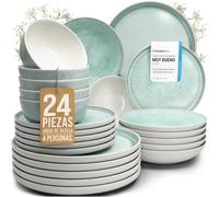 Juego de vajilla de gres para 6 personas Ibiza 24 piezas - Set de vajilla mediterránea - Resistente al lavavajillas, microondas y arañazos - Set de platos y cuencos - Pure Living Beige y Turquesa