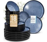 Juego de Vajilla de Steingut Ibiza para 6 Personas - 18 Piezas, Set de Vajilla para Lavavajillas y Microondas - Moderno Juego de Platos - Servicio de Pure Living en Negro y Azul Profundo