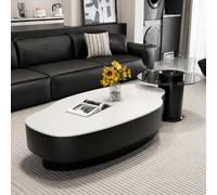 Juego Mesa Centro Y Mesa Auxiliar, Mesa Ovalada Mármol Con Cajón Almacenamiento, Mesa Té Minimalista Losa Piedra 12 Mm, Combo Mesa Vidrio Templado Pa Matte White with Black Frame 120+60cm/47.2+23.6in