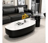 Juego Mesa Centro Y Mesa Auxiliar, Mesa Ovalada Mármol Con Cajón Almacenamiento, Mesa Té Minimalista Losa Piedra 12 Mm, Combo Mesa Vidrio Templado Par Snow White with Black Frame 120+60cm/47.2+23.6in