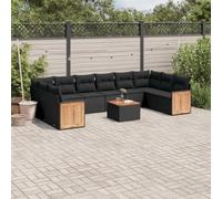 Juego modular de jardín de ratán PE negro con cojines y tablero de madera de acacia de 11 piezas