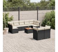 Juego modular de jardín de ratán PE negro de 10 piezas, sofá de jardín con cojines, almacenamiento y tablero de madera de acacia