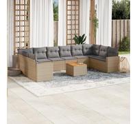 Juego modular de ratán PE de 11 piezas con cojines, mesa de jardín con tablero de acacia, bolsa de almacenamiento impermeable, fundas de lavado desmontables, beige mixto