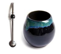 Juego para té Yerba Mate | taza de té de eramik mate hecha a mano, 300 ml, apta para lavavajillas, pajita de acero inoxidable, bombilla bola negra, para té mate de 21 cm, juego para té yerba mate
