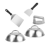 Juego Smash Burger de Relaxdays, 5 Piezas, Prensa para Hamburguesas, 2 Cubiertas y 2 espátulas, Acero Inoxidable, Gris