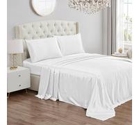 Juicy Couture Juego de sábanas de satén tamaño Queen, Juego de 4 Piezas con 1 sábana Bajera, 1 sábana encimera y 2 Fundas de Almohada, Resistente a Las Arrugas y Antibolitas, Color Blanco Puro