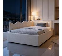 Julyue Sofá cama tapizado 3 en 1, 90 x 200 cm, con espacio de almacenamiento hidráulico e iluminación LED RGB, moderno diván con cabecero ondulado de terciopelo y luz LED ajustable, terciopelo beige