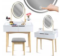 JUMI: Mesa de tocador con espejo LED, estilo escandinavo, color blanco, con taburete