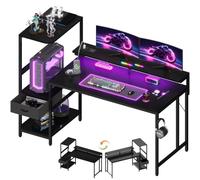 JUMMICO Escritorio para Juegos de 140 x 60 cm con Toma de Corriente y Luces LED, Escritorio Reversible en Forma de L con Soporte para Monitor, cajón de Almacenamiento y estantes, Gancho para