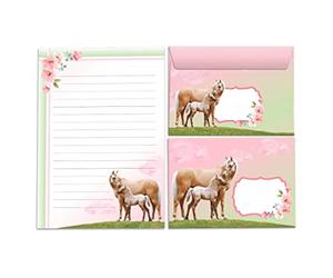 Junapack Juego de papel de carta para niña, caballo con potro, bloc de cartas con sobre, bloc de notas para niños, bloc de notas A5 con 25 hojas, 15 sobres