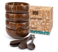 Jungle Culture® Cuencos y Cucharas de Coco - Juego de 4 cuencos de madera con pajita de bambú y bolsa - Cuencos para servir ensaladas - Batidos de Acai Pasta Cereal - Regalo vegano y ecológico