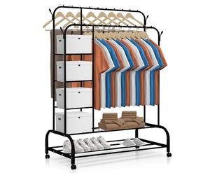 JUPPLIES Burro Ropa Resistente - Perchero Burro Doble con Soporte (Negro, Con Ruedas y Estantes)