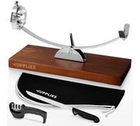 JUPPLIES Jamonero Acero Inoxidable con Base de Bambú + Cuchillo 240mm + Afilador y Cubre Jamón | Soporte Jamonero Vertical Basculante, Rotatorio y Antideslizante | Tabla de Jamón Profesional