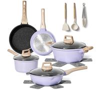 Just Perfecto - Batería de cocina antiadherente de 13 piezas con efecto granito - Apta para todo tipo de fuegos, incluida inducción - Tapas de cristal con salida de vapor - Asas ergonómicas - Morado