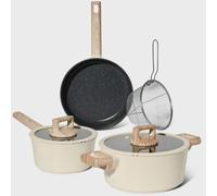 Just Perfecto JL-331: Juego de 6 piezas de utensilios de cocina con revestimiento de mármol y tapas con borde de goma - Color beige
