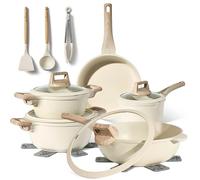Just Perfecto Juego de Ollas y Sartenes Cocina Antiadherentes 14 Piezas, Batería de Cocina Antiadherentes Aluminio, para Todas las Cocinas, Incluso Inducción, Ollas Cocina con Tapas (Beige)