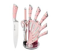 Justup Juego de 9 piezas con cuchillo giratorio de acrílico, cuchillo afilado de chef sin recubrimiento pegajoso, cuchillo de cocina de acero inoxidable con afilador (Rosa)