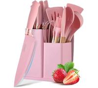 Justup ONEFNG OF2330 Juego de cuchillos con bloque de cuchillos, juego de cuchillos de cocina rosa con bloque, 19 piezas, utensilios de cocina con 6 juegos de cuchillos y 11 espátulas de silicona,