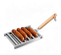 Jwthee Rodillo para Perritos Calientes para Parrilla, Estante de Rodillo | Parrilla para barbacoa para salchichas, se adapta a parrilla de gas y carbón, mango de madera de haya, 18,5 x 24 cm