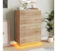 JYCRA Cómoda de madera, cómoda con 5 cajones, 111 cm de tamaño, moderna con ranuras LED, diseño arqueado, aparador para dormitorio y salón natural, 73 x 40 x 111 cm