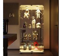 JYNVO Vitrina de Cristal Expositora Alta Grande con Fondo de Espejo y Doble Puerta, Armario de Cristal de 4 Niveles con Luz LED RGB, Cerradura y Herramientas, 163.9x80.5 cm, Blanco
