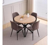 JZGORC Juego de Mesa y Sillas de Comedor, Mesa de Comedor Redonda de 100 * 100 * 76.5 cm y 4 Sillas Modernas de Lino, para Comedor, Cocina, Sala de Estar, Textura Clara + Marrón