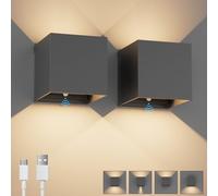 K-Bright 2PCS Aplique de Pared Interior con Sensor de Movimiento, 5W USB recargable LED Lámpara de Pared sin cable con Interruptor, Ángulo de haz Ajustable Iluminación de Pared, 3000K, Gris oscuro