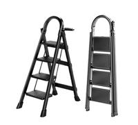 K IKIDO Escalera plegable con pasamanos, 4 peldaños - Antideslizante, fácil de guardar - Peldaños anchos - Adecuada para la cocina, el hogar y la casa - Carga máxima: 150 kg (negro, 4 peldaños)