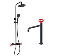 K2O Pack Columna de Ducha 83-119cm y Grifo de Lavabo Monomando K2O 23x6,7x37cm Negro Mate Reguladores Rojos, Latiguillos y Aireador Black Xx119cm.