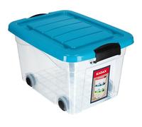 KADAX Contenedor de plástico con ruedas de 40 l, color azul, caja de almacenamiento de plástico, organizador con tapa, caja de clip para juguetes, contenedor de almacenamiento con cierre de clic