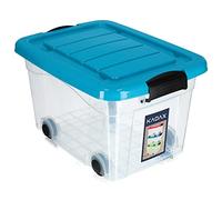 KADAX Contenedor de plástico con ruedas de 60 l, color azul, caja de almacenamiento de plástico, organizador con tapa, caja de clip para juguetes, contenedor de almacenamiento con cierre de clic