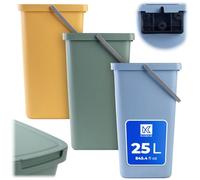 KADAX Cubo de basura de 25 l, juego de 3 papeleras de plástico con tapa y asa, basurero para separación de residuos, cubo de basura con tapa plegable (verde, amarillo, azul)
