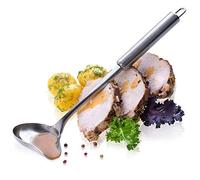 KADAX Cucharón, cuchara de salsa de acero inoxidable, cuchara de salsa con mango largo, cucharón de riego, cuchara con gancho ovalado, plateado, apto para lavavajillas