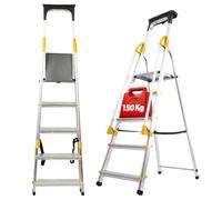 KADAX Escalera de aluminio con 5 peldaños, plegable con pasamanos, soporta hasta 150 kg, escalera con compartimento para cepillos y pies antideslizantes