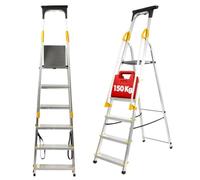 KADAX Escalera de aluminio con 6 peldaños, plegable con pasamanos, soporta hasta 150 kg, escalera con compartimento para cepillos y pies antideslizantes