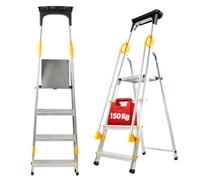 KADAX Escalera de Aluminio, Escalera de pie con pasamanos, Escalera de pie soporta hasta 150 kg, Escalera en 4 Niveles, Escalera Plegable con Compartimento para cepillos y pies (4 Niveles)