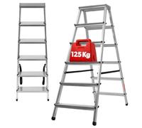 KADAX Escalera de Doble Cara de Aluminio con 6 Peldaños Antideslizantes, Capacidad de Carga de 125 kg, Plataforma de Trabajo y Diseño Plegable (123 x 48 cm)