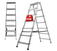 KADAX Escalera de Doble Cara de Aluminio con 7 Peldaños Antideslizantes, Capacidad de Carga de 125 kg, Plataforma de Trabajo y Diseño Plegable (145 x 50.5 cm)
