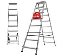 KADAX Escalera de Doble Cara de Aluminio con 8 Peldaños Antideslizantes, Capacidad de Carga de 125 kg, Plataforma de Trabajo y Diseño Plegable (165.5 x 53 cm)