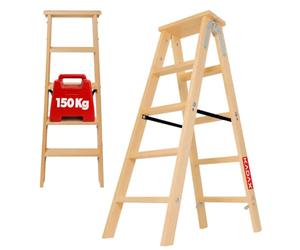 KADAX Escalera de madera plegable de 5 peldaños con gancho de acero, escalera de caballete para pintura, escalera doméstica