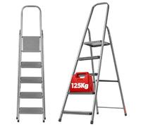 KADAX Escalera plegable de acero de 5 peldaños con patas antideslizantes y estante, escalera de un lado para el hogar y el jardín
