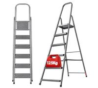 KADAX Escalera plegable de acero de 6 peldaños con patas antideslizantes y estante, escalera de un lado para el hogar y el jardín