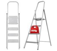 KADAX Escalera unilateral de acero con patas antideslizantes, peldaños anchos, con estante, plegable, doméstica (4 niveles)
