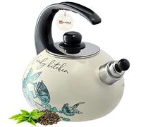 KADAX Hervidor de Agua 2.2L, Tetera de Acero Esmaltado con Silbato para Cocina de Gas y Inducción, Ideal para Té, Café y Bebidas Calientes (Flores verdes)