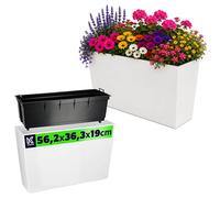 KADAX - Jardinera de plástico, 18,5 x 55,7 cm, 5 colores, maceta con cintas de riego, jardinera de balcón con inserto para exterior, color blanco, rectangular, brillante