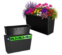 KADAX Jardinera de plástico, 18,5 x 55,7 cm, 5 colores, maceta con cintas de riego, jardinera para balcón con inserto, jardinera para exteriores, cubo de flores (rectangular, brillante, negro)