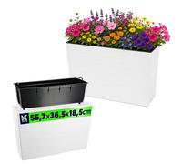 KADAX Jardinera de plástico, 18,5 x 55,7 cm, 5 colores, maceta con cintas de riego, jardinera para balcón con inserto, jardinera para exteriores (rectangular, patrón de grietas, blanco)