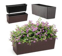 KADAX Jardinera de plástico, 18,5 x 56 cm, jardinera con inserto, resistente a la intemperie, jardinera rectangular para exteriores, diseño de ratán, color marrón
