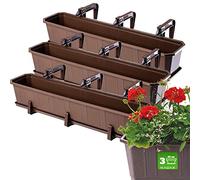 KADAX Jardineras Elegantes con Platos y Soportes para Barandillas de Balcón, Macetas Rectangulares de Plástico, Maceteros Colgantes (3: Marrón, 80 cm)